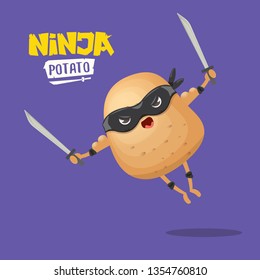 vector cartoon ninja potato character with black super hero mask and ninja katana sword isolated on violet background. super ninja kawaii vegetable food character