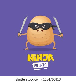 vector cartoon ninja potato character with black super hero mask and ninja katana sword isolated on violet background. super ninja kawaii vegetable food character