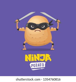 vector cartoon ninja potato character with black super hero mask and ninja katana sword isolated on violet background. super ninja kawaii vegetable food character