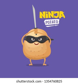 vector cartoon ninja potato character with black super hero mask and ninja katana sword isolated on violet background. super ninja kawaii vegetable food character