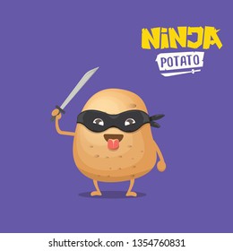 vector cartoon ninja potato character with black super hero mask and ninja katana sword isolated on violet background. super ninja kawaii vegetable food character