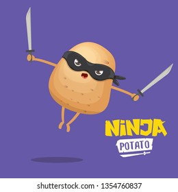 vector cartoon ninja potato character with black super hero mask and ninja katana sword isolated on violet background. super ninja kawaii vegetable food character