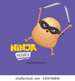 vector cartoon ninja potato character with black super hero mask and ninja katana sword isolated on violet background. super ninja kawaii vegetable food character