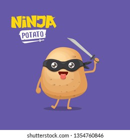 vector cartoon ninja potato character with black super hero mask and ninja katana sword isolated on violet background. super ninja kawaii vegetable food character