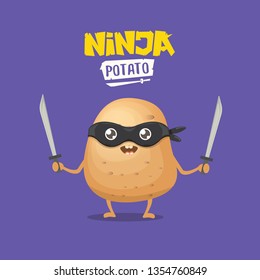 vector cartoon ninja potato character with black super hero mask and ninja katana sword isolated on violet background. super ninja kawaii vegetable food character