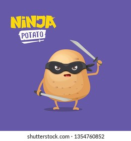 vector cartoon ninja potato character with black super hero mask and ninja katana sword isolated on violet background. super ninja kawaii vegetable food character