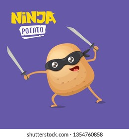 vector cartoon ninja potato character with black super hero mask and ninja katana sword isolated on violet background. super ninja kawaii vegetable food character