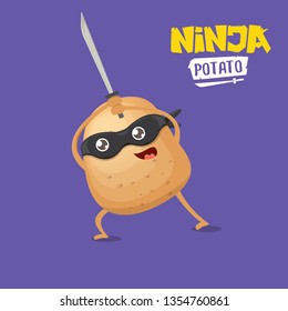 vector cartoon ninja potato character with black super hero mask and ninja katana sword isolated on violet background. super ninja kawaii vegetable food character