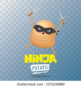 vector cartoon ninja potato character with black super hero mask and ninja knife sai isolated on transparent background. super ninja kawaii vegetable food character 