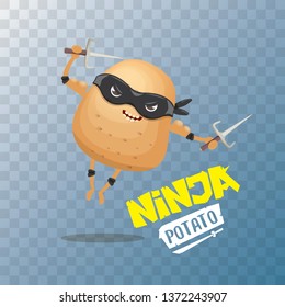 vector cartoon ninja potato character with black super hero mask and ninja knife sai isolated on transparent background. super ninja kawaii vegetable food character 