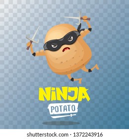 vector cartoon ninja potato character with black super hero mask and ninja knife sai isolated on transparent background. super ninja kawaii vegetable food character 