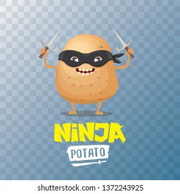 vector cartoon ninja potato character with black super hero mask and ninja knife sai isolated on transparent background. super ninja kawaii vegetable food character 