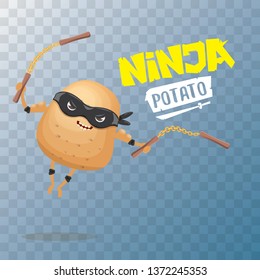 vector cartoon ninja potato character with black super hero mask and ninja nunchucks isolated on transparent background. super ninja kawaii vegetable food character