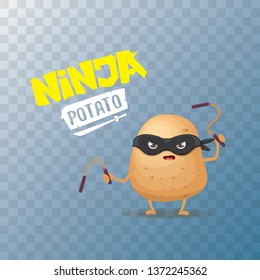 vector cartoon ninja potato character with black super hero mask and ninja nunchucks isolated on transparent background. super ninja kawaii vegetable food character