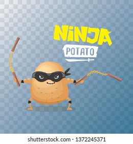 vector cartoon ninja potato character with black super hero mask and ninja nunchucks isolated on transparent background. super ninja kawaii vegetable food character