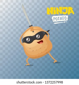 vector cartoon ninja potato character with black super hero mask and ninja katana sword isolated on transparent  background. super ninja kawaii vegetable food character