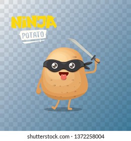 vector cartoon ninja potato character with black super hero mask and ninja katana sword isolated on transparent  background. super ninja kawaii vegetable food character