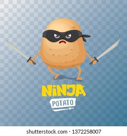 vector cartoon ninja potato character with black super hero mask and ninja katana sword isolated on transparent  background. super ninja kawaii vegetable food character