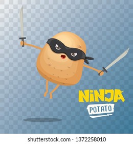 vector cartoon ninja potato character with black super hero mask and ninja katana sword isolated on transparent  background. super ninja kawaii vegetable food character