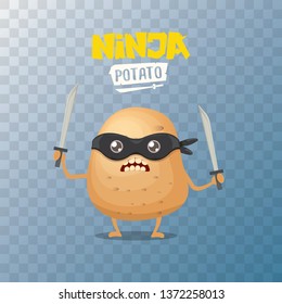 vector cartoon ninja potato character with black super hero mask and ninja katana sword isolated on transparent  background. super ninja kawaii vegetable food character