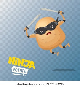 vector cartoon ninja potato character with black super hero mask and ninja katana sword isolated on transparent  background. super ninja kawaii vegetable food character
