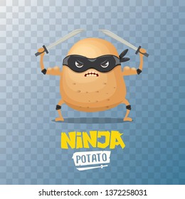 vector cartoon ninja potato character with black super hero mask and ninja katana sword isolated on transparent  background. super ninja kawaii vegetable food character