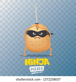vector cartoon ninja potato character with black super hero mask and ninja katana sword isolated on transparent  background. super ninja kawaii vegetable food character
