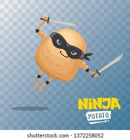 vector cartoon ninja potato character with black super hero mask and ninja katana sword isolated on transparent  background. super ninja kawaii vegetable food character