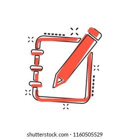 Vector cartoon notepad edit document with pencil icon in comic style. Notepad concept illustration pictogram. Document business splash effect concept.