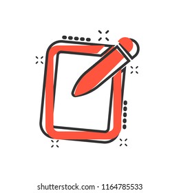 Vector cartoon notepad edit document with pencil icon in comic style. Notepad concept illustration pictogram. Document business splash effect concept.