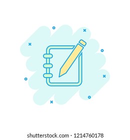 Vector cartoon notepad edit document with pencil icon in comic style. Notepad concept illustration pictogram. Document business splash effect concept.