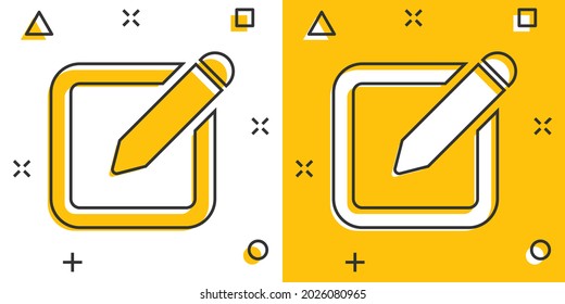 Vector cartoon notepad edit document with pencil icon in comic style. Notepad concept illustration pictogram. Document business splash effect concept.