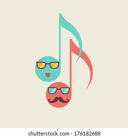Vector cartoon notes with face. Musical original flat icon. Comic hipster concept of disco party