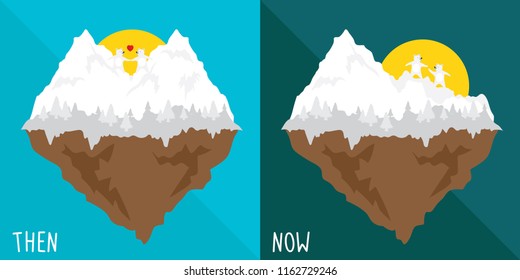 vector cartoon then and now about effect of global warming. ice snow heart mountain melt and broken.
