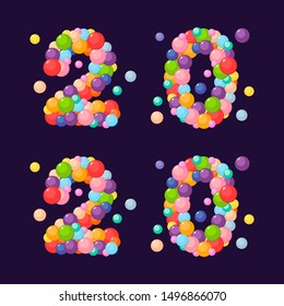 Vector cartoon number 2020 for kids of the colored balls. New year and christmas.