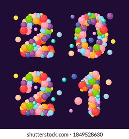 Vector cartoon number 2021 for kids of the colored balls. New year and christmas.