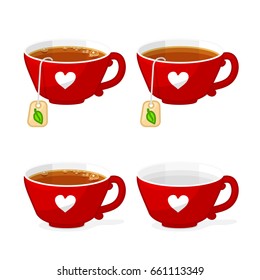 vector cartoon object illustration. Cute cups set: tea, empty, teabag. Cup of tea. Clip art isolated on transparent background. Hand drown design element. Baby graphics concept. 
