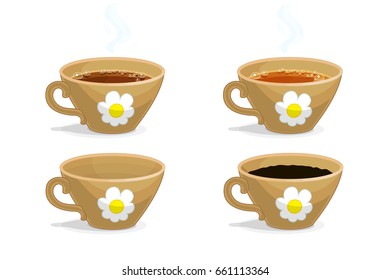 vector cartoon object illustration. Cute cups set: tea, empty, flowerpot cup (with soil). Cup of tea. Clip art isolated on transparent background. Hand drown design element. Baby graphics concept. 