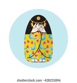 Vector cartoon object, kawaii Japanese national kokeshi doll with long black hair, kimono and obi shoes. Cute smiling face, flower pattern, orange and gold, yellow colors. Flat simple style
