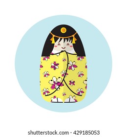 Vector cartoon object, kawaii Japanese national kokeshi doll with long black hair, kimono and obi shoes. Cute smiling face, flower pattern, orange and gold, yellow colors. Flat simple style
