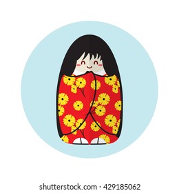 Vector cartoon object, kawaii Japanese national kokeshi doll with long black hair, kimono and obi shoes. Cute smiling face, flower pattern, festive scarlet and gold, yellow colors. Flat simple style