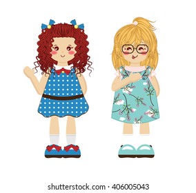Vector cartoon object. Kawaii sweet girls with fashion dress and glasses. Different hairstyle (curly, ponytail) and emotions (happy and sly) 