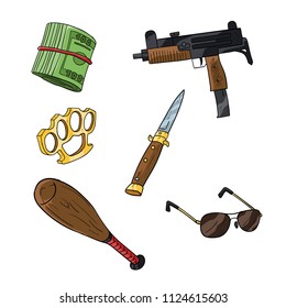 Vector cartoon objects of gangster themes. Money, gun, baseball bat, knuckle-knife, knife, glasses illustration.
