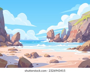 Vector cartoon ocean sand beach with cliffs and clouds background for comic, cartoon, book or game for kids