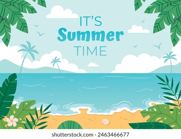 Vector cartoon ocean sand beach background.Summertime background with blue sky and ocean, white puffy clouds and green palms.