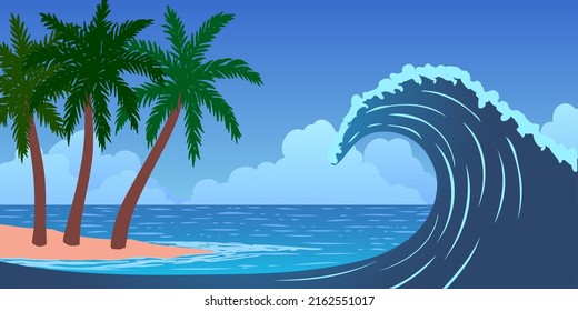 Vector cartoon ocean wave on island shore in ocean