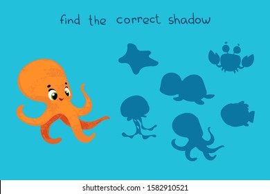 Vector cartoon octopus in children's style. Vector illustrations for children books. Find the correct shadow. Educational game for children. 