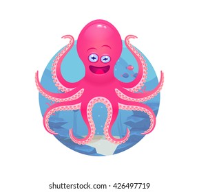 Vector cartoon octopus illustration on sea bottom background.