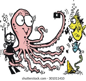 Vector cartoon of octopus taking photograph of diver