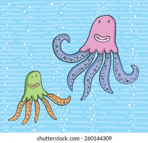 Vector cartoon octopuses in the sea - mother, dad and child. ?arental love. Tender relationships.